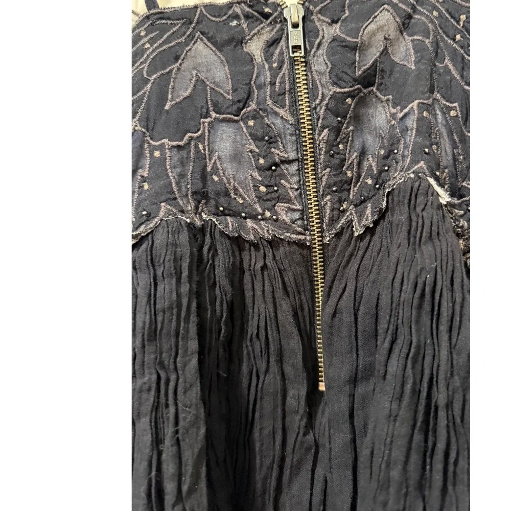 Free People Black Embroidered Beaded Gauze Mini Dress Boho Braided‎ Straps XS